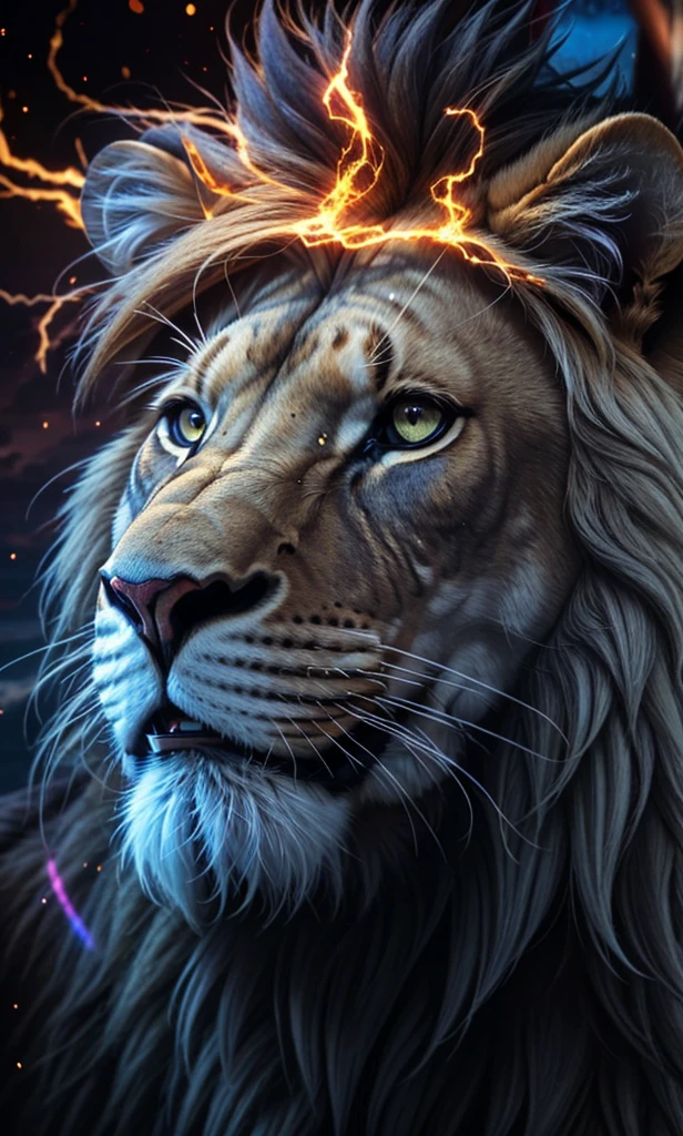 Lion, Divine Lion, naturals, naturals, ferocious, masculine, mighty, golden lion, Powerful Lion, Beautiful nature, Great Realistic Lion, FullHD 8K, Sky ligh, Sunset Night, Ligh Sky Sun, Balck Golden, black andwhite, black and gold, detailed realistic face, 8K Detailed Realistic White Lion, Ultrarealistic 8k |, Energia de thunder realista detalhada, Strong Creature realista detalhada, Strong Creature, Lion macho, Rendering, Fotorrealista 8K, UltraHD Alta definição 8K, Detailed Realistic 16K, Nitidez Fotorrealista 8K, 16K photorealistic textures, Contraste Fotorrealista 8K, Sombras Fotorrealistas 8K, Luzes Fotorrealistas 8K, Detailed realistic sunset, Detailed Realistic Lion Face, Detailed realistic light, detailed textures, thunder, detailed shadows, detailed colors, Celestial Electricity, Golden thunder, Lion realista, Ultra Realistic 16K, Realistic 16K, Realistic 16K sharpness, 16K photorealistic textures, 16K realistic colors, powerful creature, Majestic power, Power of Heaven, Great Divine, detailed contrast, realistic contrast, high resolution, detailed colors, fire, villany, divine creature, 8K, realistic detailed, 16K, 8K, High definition, detailed contrast, realistic contrast, high resolution, detailed colors, fire, villany, divine creature, realistic detailed, posh, chic