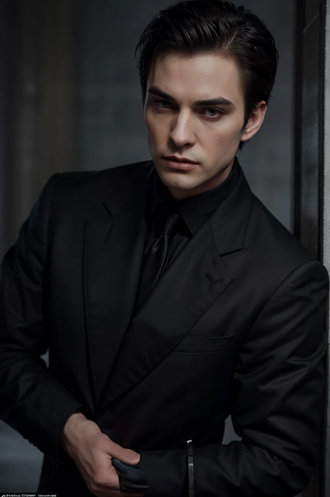 a tall vampire, young and slim build has a piercing., Fascinating eyes that attract attention.. Its well defined, A strong jaw radiates strength and charisma., harmonizing with a balanced and symmetrical facial structure. Have a formal and authoritarian behavior., He wears a tailored two-piece suit with black pants,combined with a black coat that conveys a feeling of authority and power.. His intense black eyes, intensify the cold, calculating look on his face. Complementing this, he maintains a side part, short, well-kept hairstyle. Edward Cullen&#39;s mannerism and facial features, His face is covered by a balaclava and in the background there is an unlit car in the windows, blood splattered with black gums.