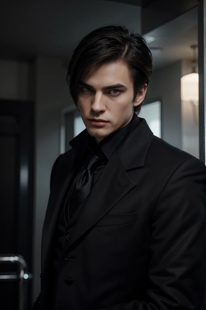 a tall vampire, young and slim build has a piercing., Fascinating eyes that attract attention.. Its well defined, A strong jaw radiates strength and charisma., harmonizing with a balanced and symmetrical facial structure. Have a formal and authoritarian behavior., He wears a tailored two-piece suit with black pants,combined with a black coat that conveys a feeling of authority and power.. His intense black eyes, intensify the cold, calculating look on his face. Complementing this, he maintains a side part, short, well-kept hairstyle. Edward Cullen's mannerism and facial features, His face is covered by a balaclava and in the background there is an unlit car in the windows, blood splattered with black gums.