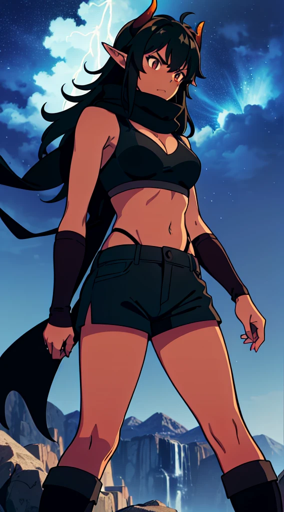 (1girl ,25s,adult,mature female),long hair, black hair,horns,elf ears,((black scarf)),cleavage,(((dark skin))),(black sports bra,black sports, shorts, midriff),serious,from below, montains,lightnings,thunders,night,stars,thunder clouds,leather boots,