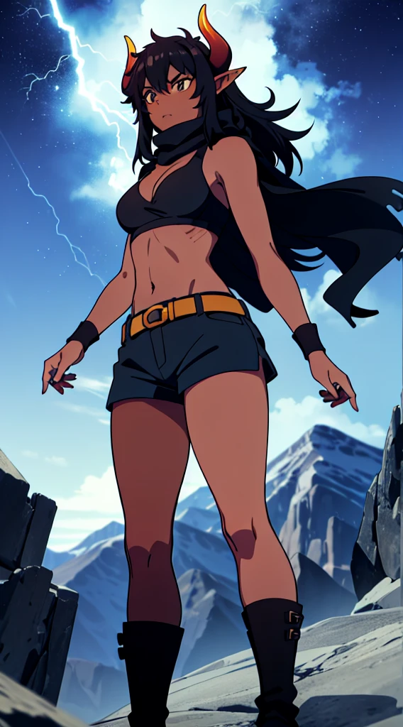 (1girl ,25s,adult,mature female),long hair, black hair,horns,elf ears,((black scarf)),cleavage,(((dark skin))),(black sports bra,black sports, shorts, midriff),serious,from below, montains,lightnings,thunders,night,stars,thunder clouds,leather boots,