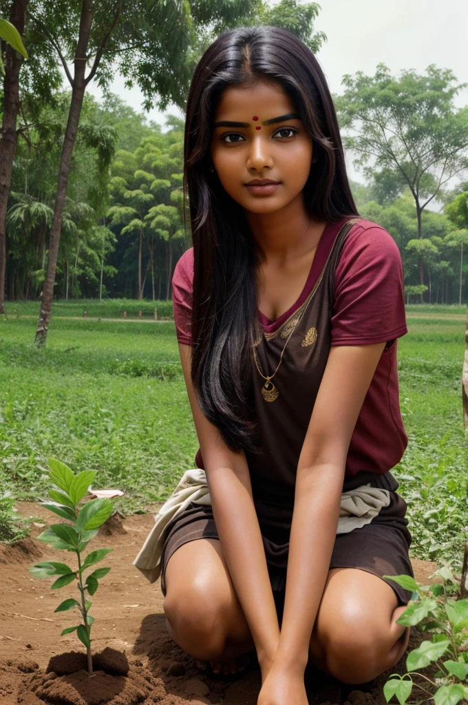 Best quality, masterpiece, super high resolution, Indian girls are planting trees.