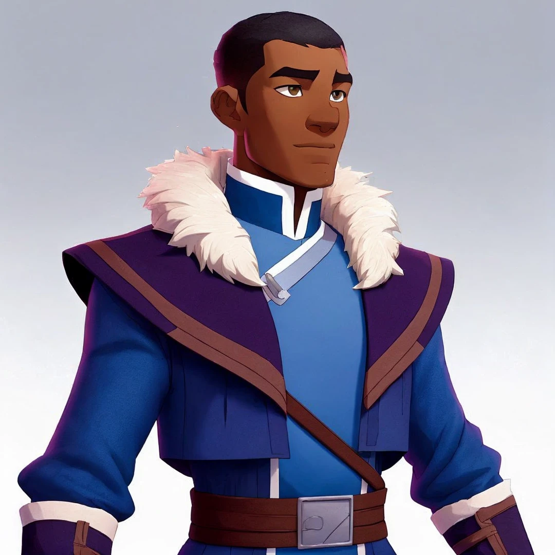 African-American dark-skinned low short hair style, low shaky hair, skinny, low short hair. waist:% A deep blue uniform cloth cloak decorated with white fur, water tribe outfit. Fur collar, dark purple pants casual water tribe outfit, water tribe outfit. 