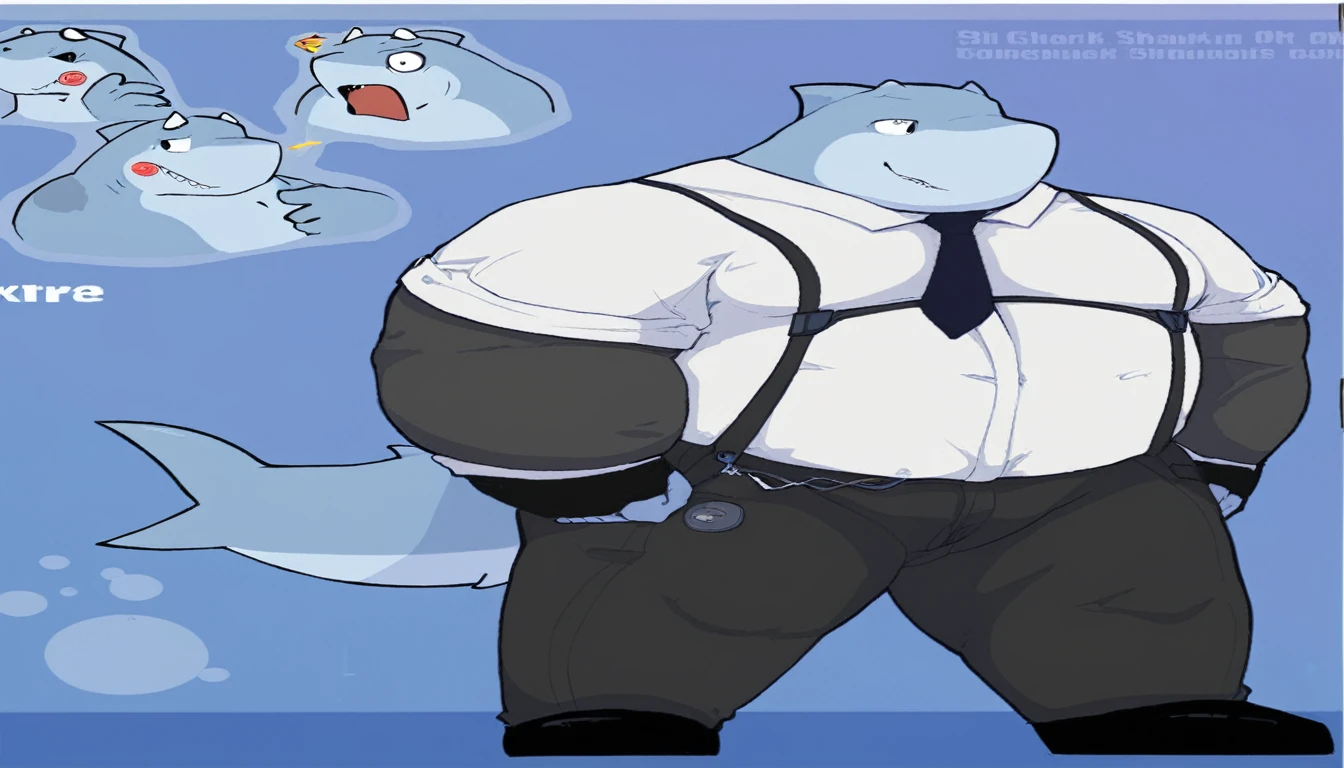 Original photo of the shark man using a computer in an office