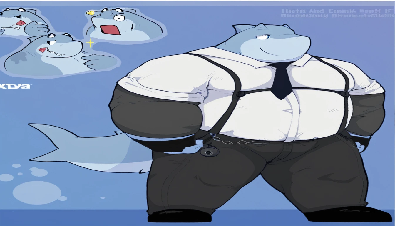 Original photo of the shark man using a computer in an office