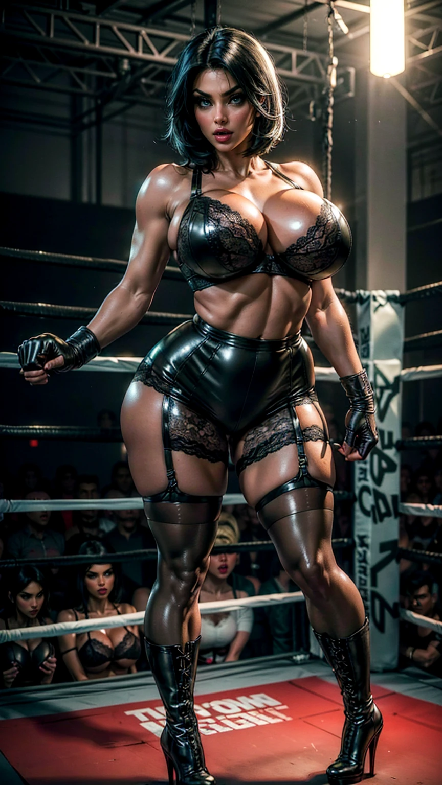 (masterpiece, Top quality, best quality, official art, beautiful and aesthetic: 1.2), ((curvy thicc mature Denise Milani)), ((olive green leather and lace boxing shorts:1.5)), ((leather and lace bra:1.5)), ((nylon stockings:1.4)), ((short stiletto-heeled combat boots:1.3)), ((short, straight jet-black hair:1.4)), (tiny waist), ((thicc, thick thighs:1.5)), ((beautiful large green eyes):1.3), (intimidating pose in a boxing ring), (full-body portrait:1.3), (vivid colors), (metallic textures), (boxing shorts), (hot red lips, makeup:1.3), sexy fighter, prominent breasts, rock solid breasts, missile shaped breasts that defy gravity, (straight, short jet-black hair), (nylon stockings), big_boltedontits, boltedontits, sakimichan, th3p1t,