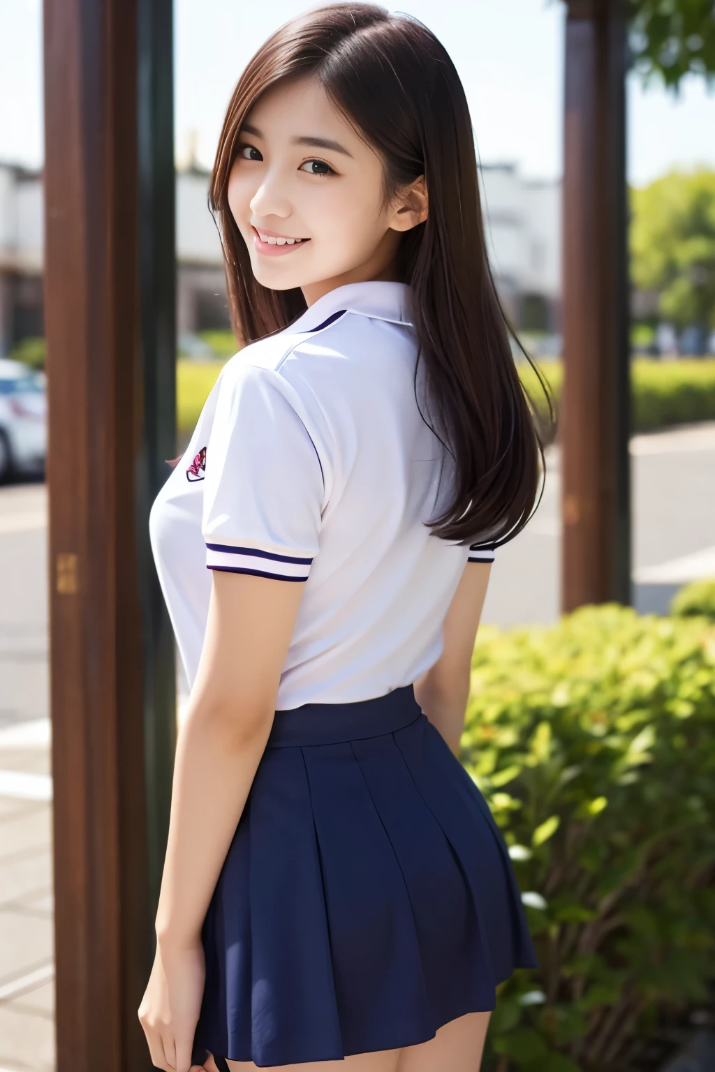 Japanese、high school student、Beauty、Facing forward、Kind eyes、Smiling Kindly、mini skirt、Polo shirt、Arms are behind the back、
