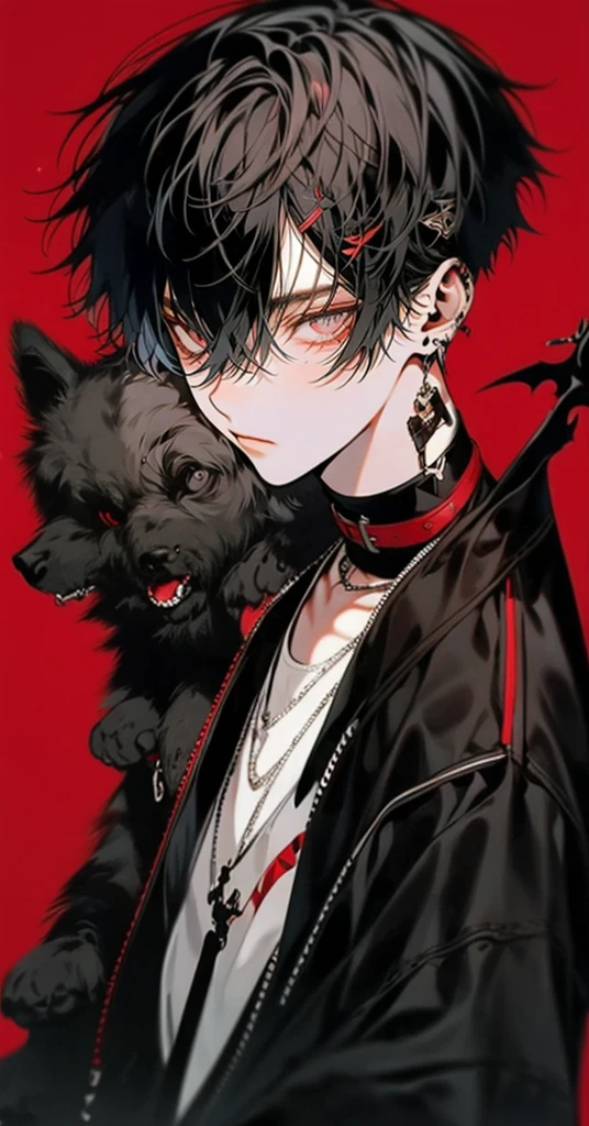 black short hair,red eye,1 cool boy,black clothes