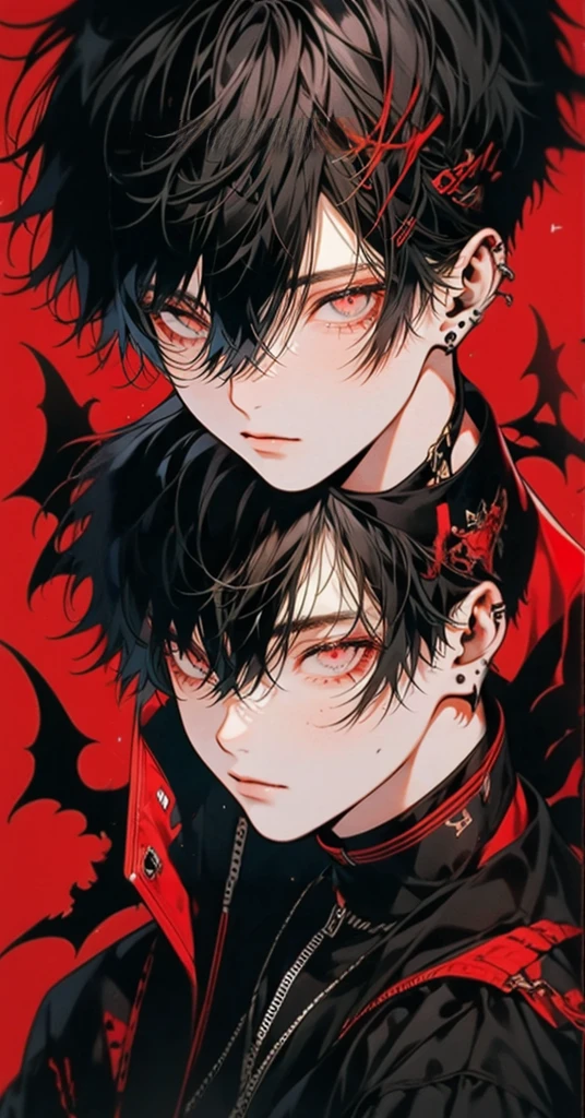 black short hair，red eye，1 cool boy，black clothes
