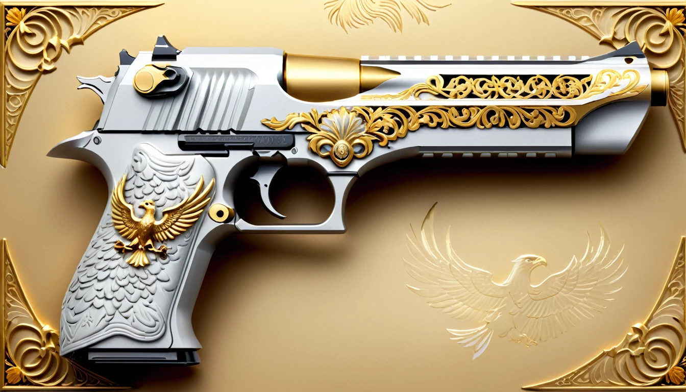 A highly-detailed long wide shot digital illustration of an ornate, (“Desert Eagle pistol”:1.37) with intricate Furry Eagle and scrollwork engravings Notched, gold golden accents, delicate artistic patterns, and a neutral textured background. ((more detail, enhanced_themed-gun)).