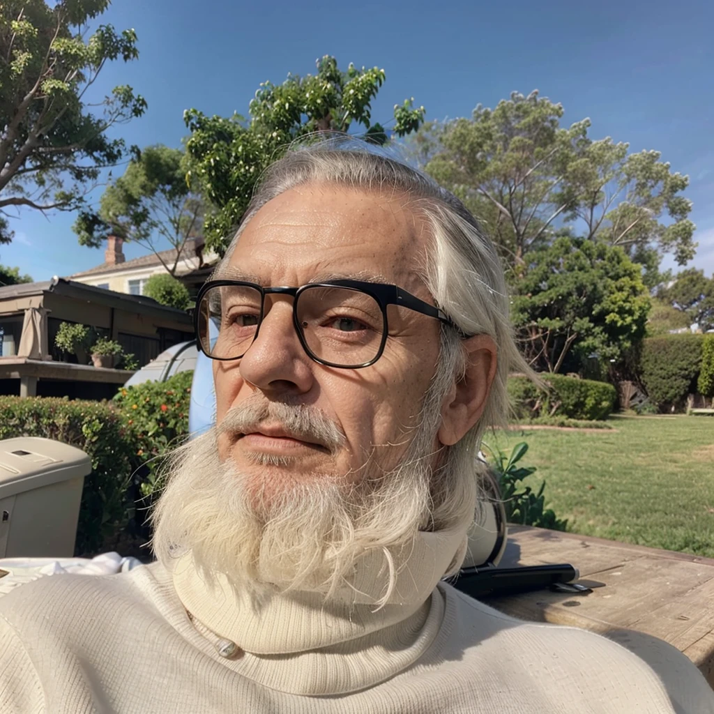 Elderly man of 75 years with the attached photo face with short hair and a medium beard wearing a black long-sleeved turtleneck sweater, white pants, Rolex watch, elegantly dressed, behind him an elegant desk.