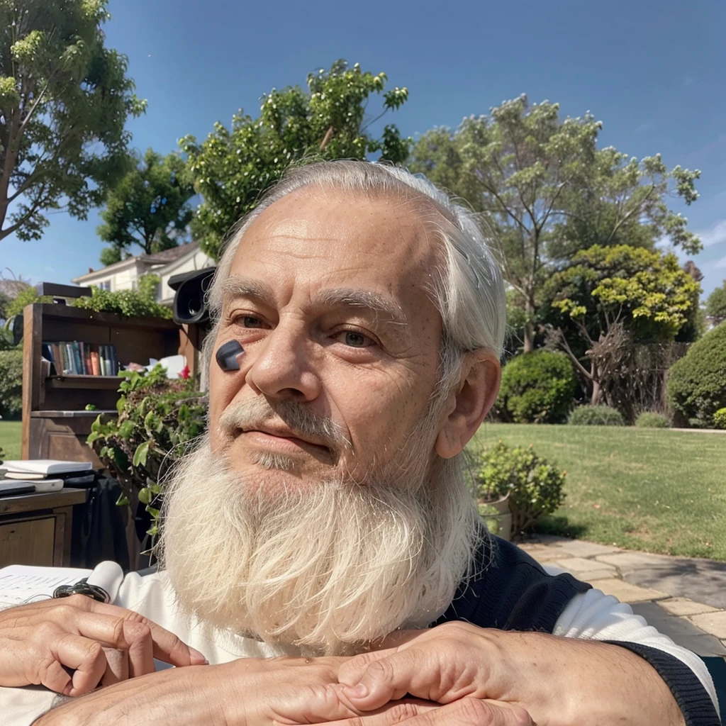 Elderly man of 75 years with the attached photo face with short hair and a medium beard wearing a black long-sleeved turtleneck sweater, white pants, Rolex watch, elegantly dressed, behind him an elegant desk.