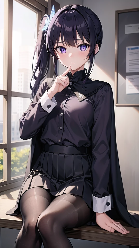 kanaotsuyuri, kanao tsuyuri, black hair, butterfly, butterfly hair ornament, (purple eyes:1.1), side ponytail, ponytail, 
BREAK black skirt, cape, demon slayer uniform, long sleeves, pleated skirt, skirt, white cape,
BREAK looking at viewer,
BREAK indoors, classroom,school,lights,
BREAK (masterpiece:1.2), best quality, high resolution, unity 8k wallpaper, (illustration:0.8), (beautiful detailed eyes:1.6), extremely detailed face, perfect lighting, extremely detailed CG, (perfect hands, perfect anatomy),pantyhose, sitting on desk,from below,showing feet to camera,detailed feet, foot