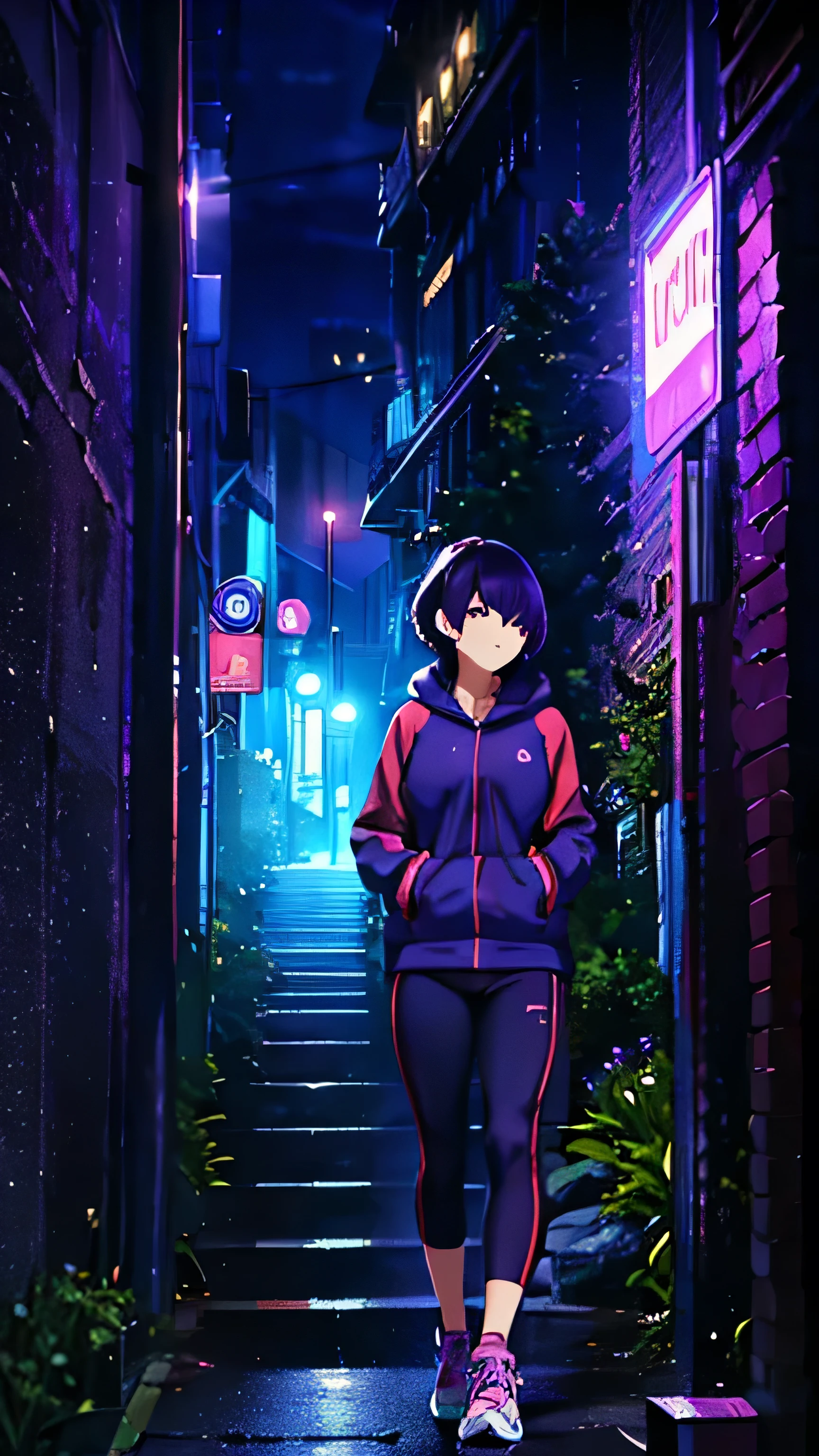 Adult woman in sportswear looking at her mobile phone in the middle of the city at night、Ruck sack、headphone、Purple Hair、short hair、Street lamp、highres, high quality, best quality, uhd, accurate、Full body portrait