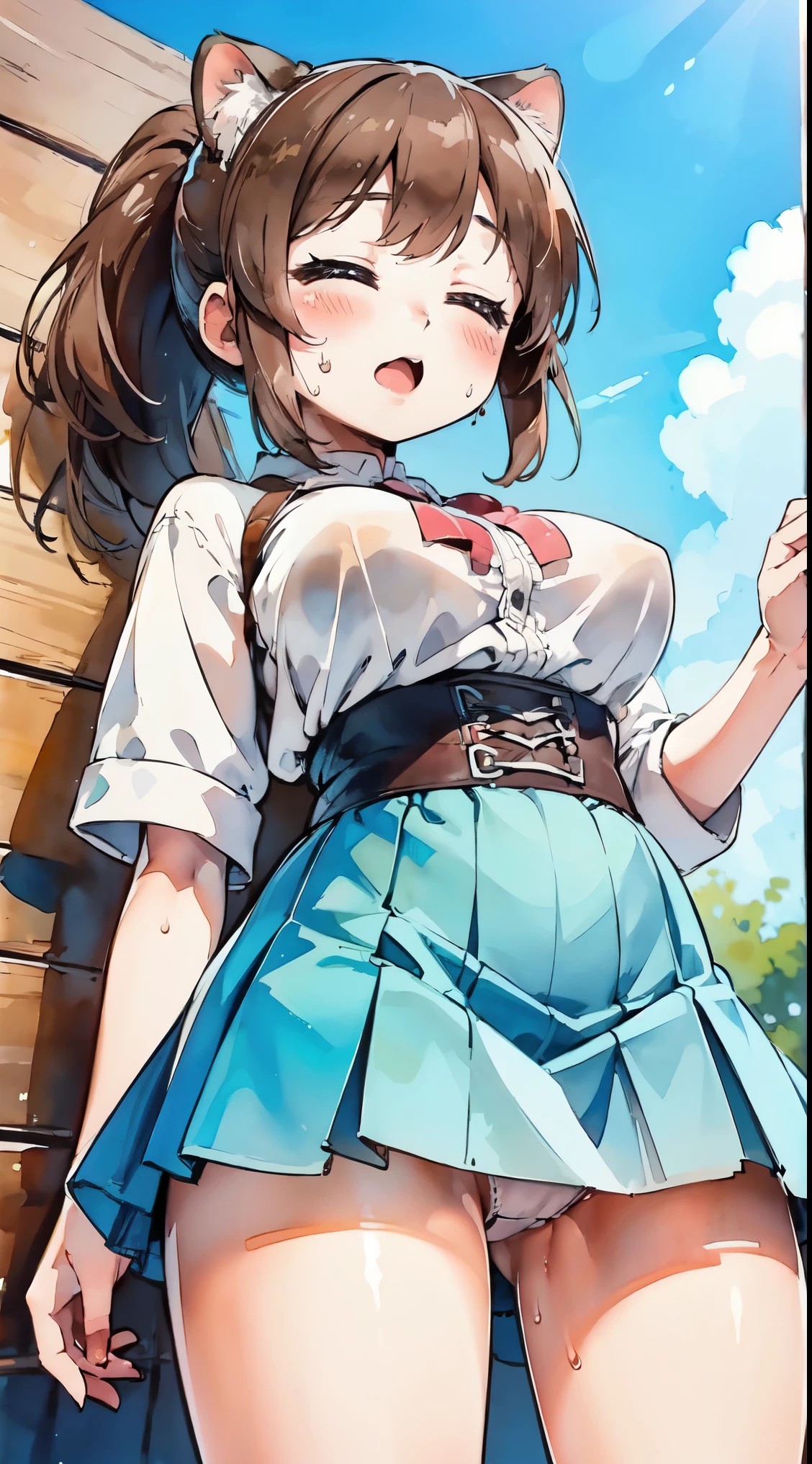 (8k, RAW photo, best quality, masterpiece, highres, absurdres, ultra detailed:1.3), (Photography, realistic, photo-realistic:1.4), (beautiful natural lighting, beautiful deatailed shadow, beautiful detailed glow :1.4), atmospheric,
BREAK 1 beautiful girl,(Cute:1.5),(Chibi:0.5),(kawaii:2),(:1.2), (17 yl), Very detailed, colourfull, highest details, BREAK, (Huge breasts:1.25), Clear skin, Beautiful skin, Shy skin,(Brown hair:1.75), (fluffy Big cat ears, Ponytail, medium-Long hair:1.35), (Light blue eyes, long eyelashes, Double eyelids: 1. 2),Solo,gleaming skin, Clear skin, Beautiful skin,(best quality face),(Top quality glowing eyes),(serious, blush :1.45), BREAK (summer white sister clothes:1.3)), See-through clothes by sunset back light,
BREAK (wind, clothes lift, frilled panties, closed eyes, open mouth, indoors, sunlight, open door, sweat, sweatdrop, cloud, :1.2),wind blows hair,perfect human anatomy,
BREAK wakame,wakame,wakame,(cowboy shot,from below:1.4), BREAK manga illustration.media,manga style,(ultra rich intricately proper sketch+pastel+airbrush+colored pencil:1.1),(ultra highres composition details:1.2),(water color:1.15),
