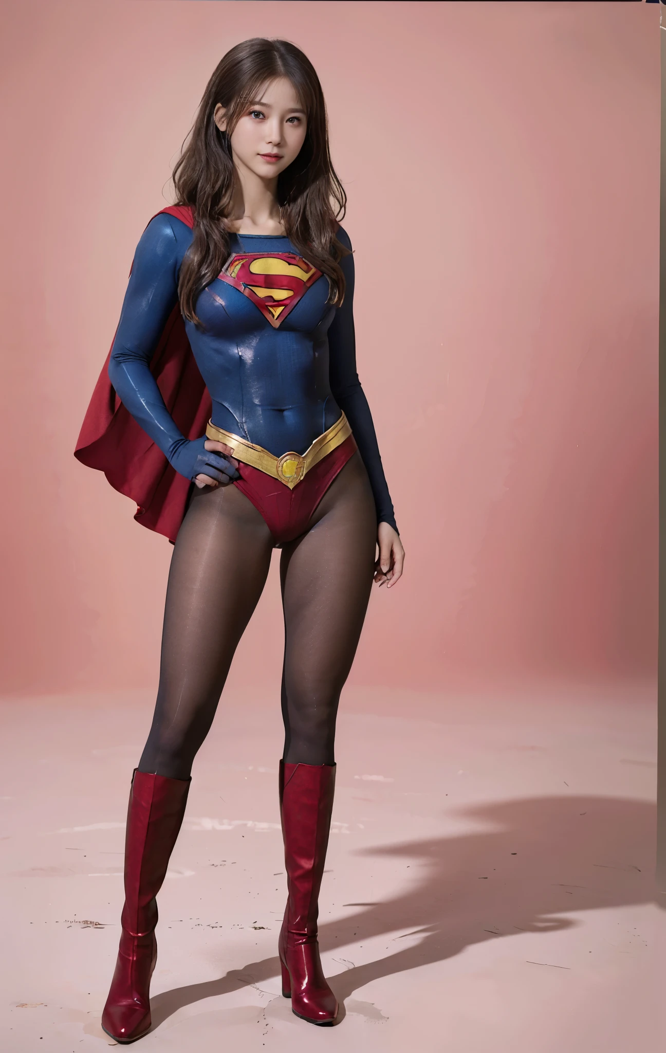 No background、(((Beautiful legs in black tights.)))、(((Legally express the beauty of your smile)))、((((Make the most of your original images)))、(((Supergirl Costume)))、(((Beautiful hair with twin tails)))、(((suffering)))、(((Please wear black tights....、Wear red boots)))、((Best image quality、8K))、((Highest quality、8K、masterpiece:1.3))、(((Preserve background )))、Sharp focus:1.2、Beautiful woman with perfect figure:1.4、Slim Abs:1.2、Wet body:1.5、Highly detailed face and skin texture、8K