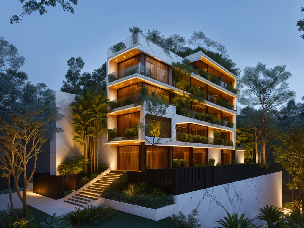 3D render of a beautiful house, Dark, gray tones, white wall. lumion render, night time render, insanely detailed rendering, realistic architecture, architectural visualization. The house is adorned with elegant lighting and plants to enhance its exterior appearance in a Vietnam city street. The staircase leading into the house is tiled with black marble and has bright LED lights. Behind are hills and mountains with clear blue sky. balcony with green plants. The main door is made of black aluminum and glass reaching up to the ceiling. Looking through the glass windows to look inside the house with luxurious interiors with luxurious and warm lights, interior lighting rendering and lighting effects. marble and wood and glass, dark and modern, luxcore render, taken with professional photography techniques, using a wide angle lens with bright natural light and high resolution details, in the style of professional photograph, hyper realistic, highly detailed.