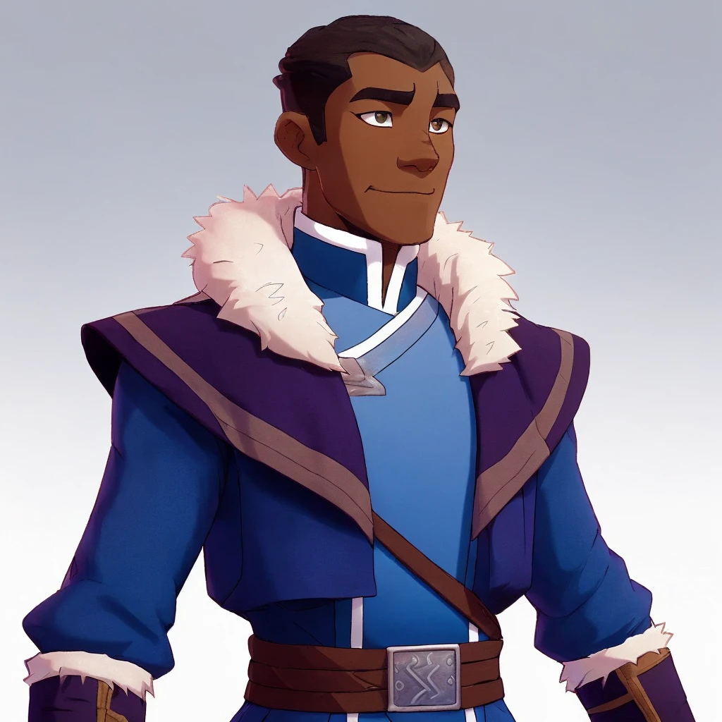 African-American dark-skinned low short hair style, low shaky hair, skinny, low short hair. waist:% A deep blue uniform cloth cloak decorated with white fur, water tribe outfit. Fur collar, dark purple pants casual water tribe outfit, water tribe outfit. 