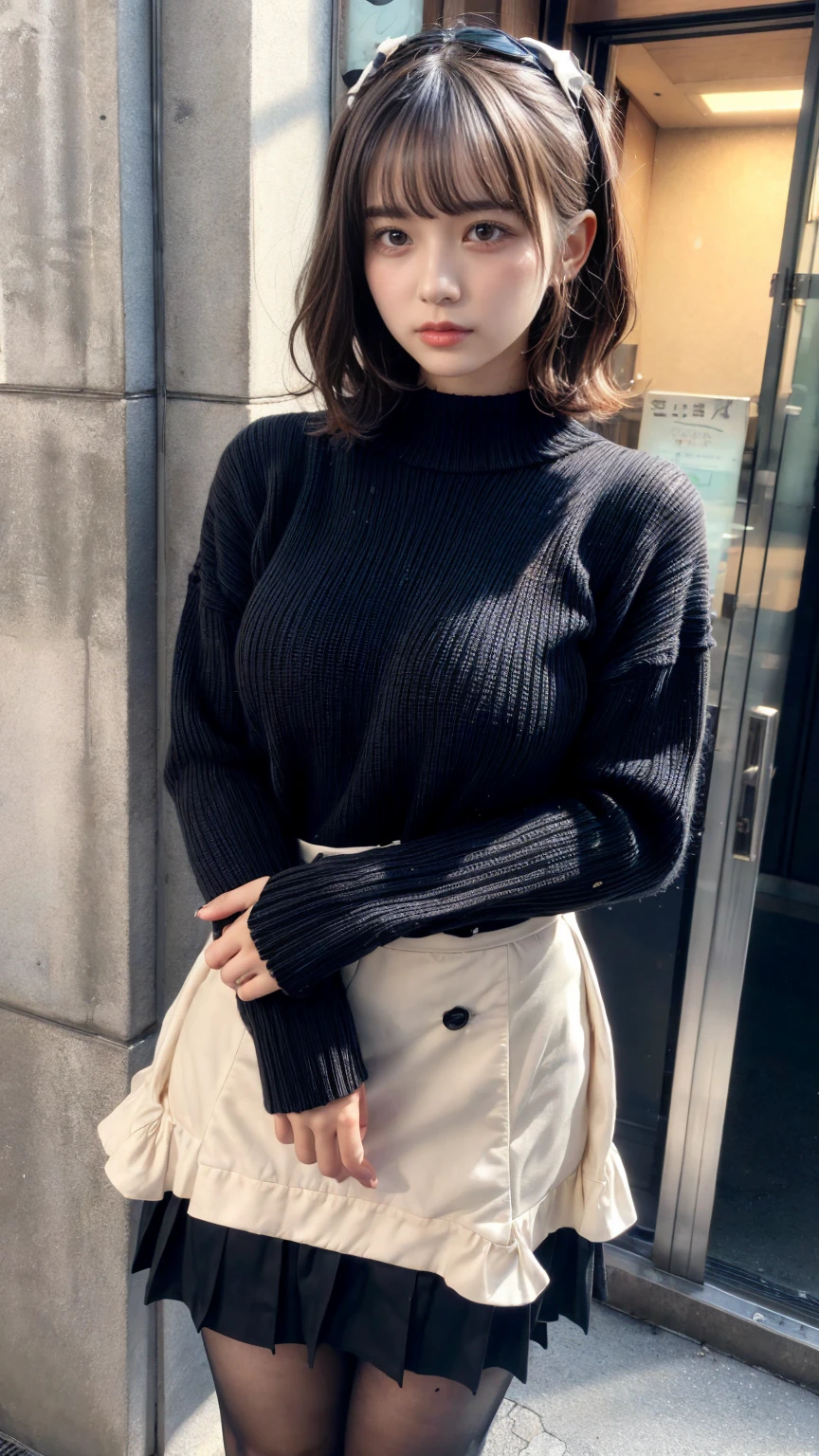muste piece, best quality, illustration, Super detailed, fine details, High resolution, 8K,wall paper, perfect dynamic composition,(Details High quality, realistic depiction of eyes:1.3), short hair, (wavy hair:1.2), Gorgeous and stylish black fluffy latest trend Tokyo winter clothes, wool sweater, A-line skirt, Layered Cut, black hair color, Big Natural Color Lip, sexy pose, crying a little、cold gaze, Harajuku style、20 year old girl、cute type、ta, hposing Gravure Idol, full body photo、focus on crotch, huge breasts