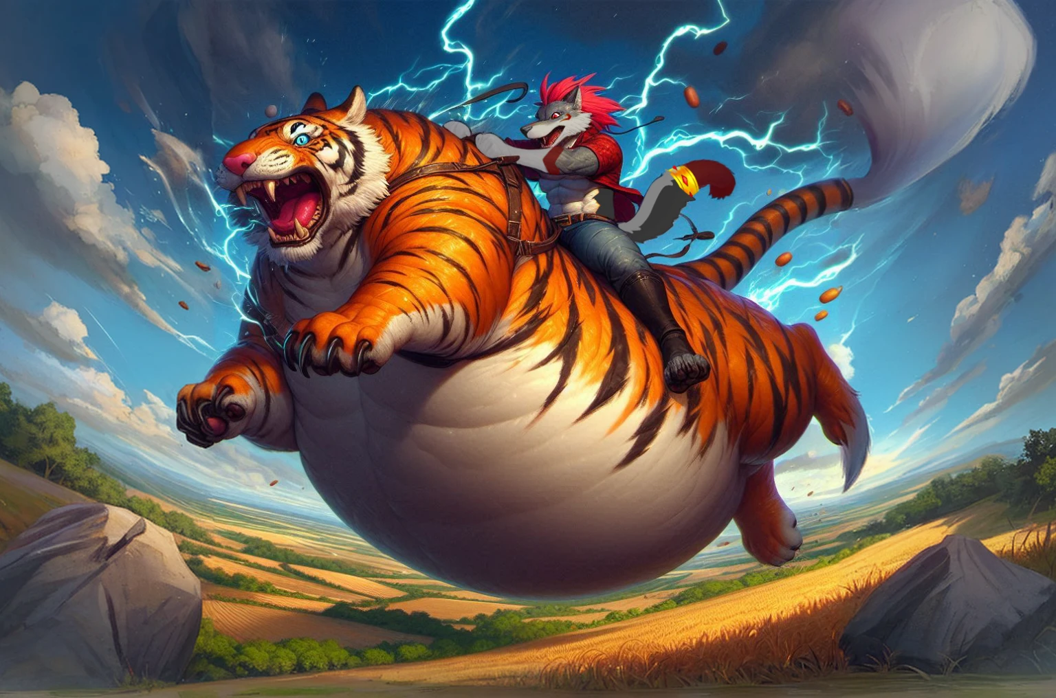 a wolf riding a tiger, grassy landscape