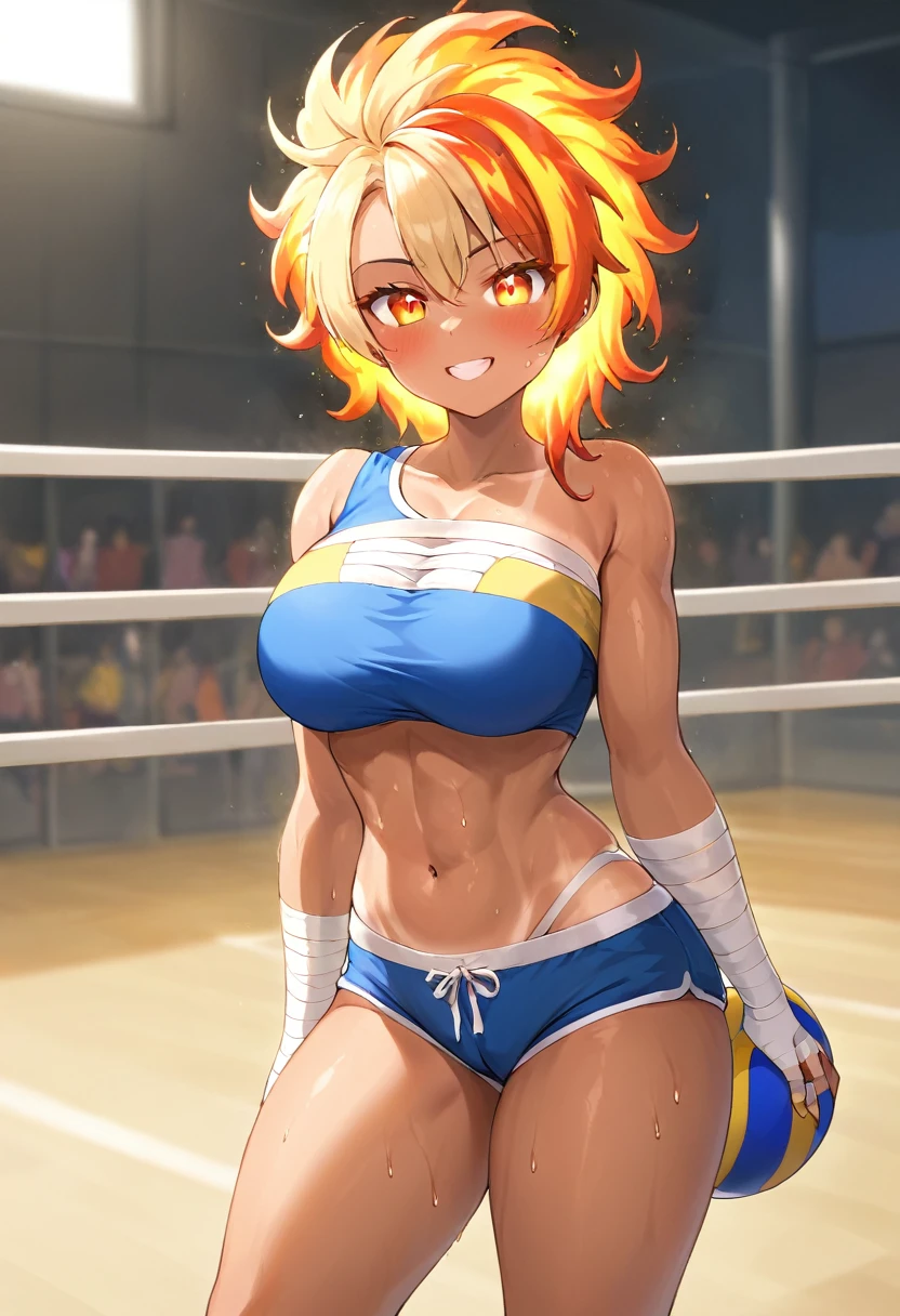 Prompt 

detailed illustration, (front view), (side view),dynamic angle, ultra-detailed, illustration, clean line art, shading, anime, detailed eyes, detailed face, beautiful face, dramatic lighting, detailed illustration, dynamic angle, ultra-detailed, illustration, single woman 

Fit, toned abs, ((volleyball shorts)), ((fundoshi breast wrap)), volleyball player, big round ass, big tits, caramel tan skin, dark skin tone, wide hips, narrow waist, thunder thighs, (blazing blonde hair), (glowing eyes), glowing sclera, muay thai wraps, small strong biceps, sweat, ((bandaged breasts)), flaming hair, hair is fire, flames rolling down skin, clothes catching on fire, embers, sweats fire, sweat is fire, tan lines, Hispanic, Latina, tight pants, bandage wrapped around chest, brown skin