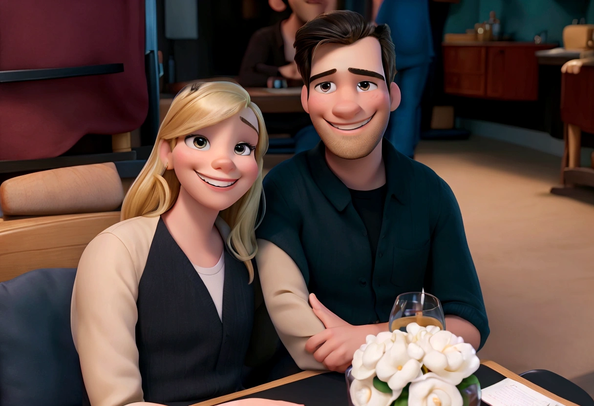 High quality artwork maximum quality best quality Disney pixar style couple smiling blonde woman and man with thin beard smiling and black hair