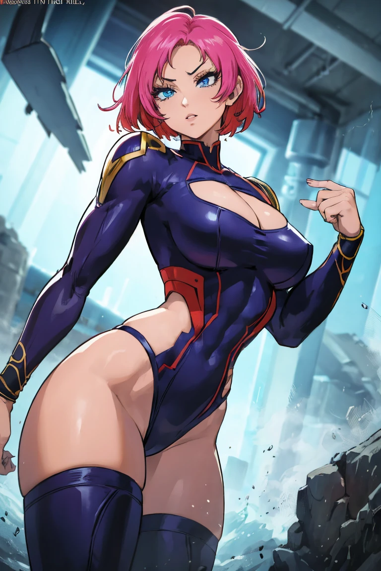 a muscular heroic superheroine, dramatic large costume, MHA anime style, anime niji, My Hero Academia, beautiful detailed eyes, beautiful detailed lips, extremely detailed eyes and face, long eyelashes, powerful, bold, confident expression, dynamic pose, action, energy, vibrant colors, cinematic lighting, volumetric fog, epic, intricate, highly detailed, 8k, best quality, masterpiece, photorealistic, color grading, dramatic lighting, cinematic