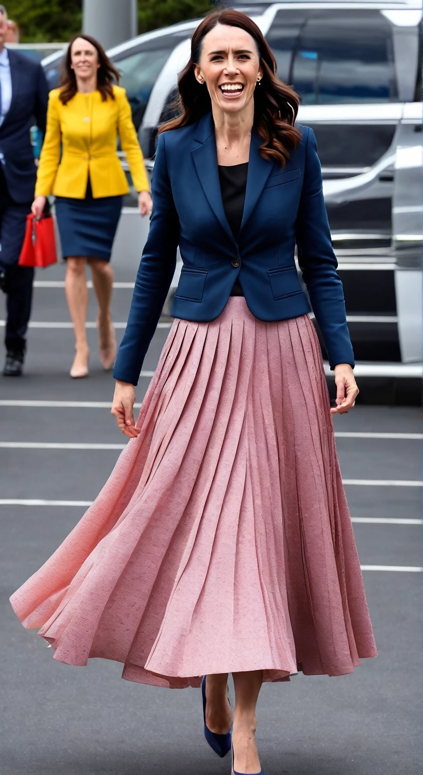 Insatiable Skirt lover and kind, shy woman Jacinda Ardern has Intense Orgasming love for her skirt, sitting and wearing (long pleated full circle skirt), uniform jacket and strapless low pump office shoes, (pronounced (feminine) features), (very windy), skirt is flowing wildly in the wind, inside a spaceship travelling through deep space