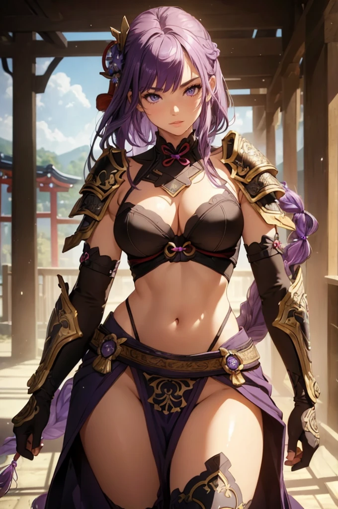((1girl, solo)), beautiful body, (perfect anatomy, perfect body, perfect hands, perfect legs), natural proportions, sexy body, large breasts, ((full body, full body front)) BREAK
((extremely detailed face)), (beautiful detailed eyes:1.6), (realistic pupils, realistic iris:1), expressive eyes, looking at viewer, (clear eyes:1.3), (hyperrealistic:1.2), (detailed skin texture:1.2), smooth skin, raiden shogun, (purple hair:1.5), (purple eyes), long hair, very long hair, braid, (braided ponytail:1.5), bangs, parted bangs, hair ornament, hair tie, ((mature female)), ((little smile)), (detailed lips:1.2), (attractive lips:1.1), (glossy lips:1.1), (parted lips), perfect face, perfect eyes BREAK
(revealing clothes:1.5), (japanese armor:1.5), (samurai armor), (groin:1.5), (((highleg))), bikini armor, pelvic curtain, partially visible vulva BREAK
(masterpiece:1.5), anime-style, top quality, best quality, (beautiful and aesthetic:1.2), (ultra detail:1.5), Ultra-detailed depiction, Ultra-precise depiction, extremely detailed 8k illustration, high resolution, (highly detailed shading:1.2), (realistic lighting:1.4), perfect lighting, vibrant colors, dynamic tones, striking hues, 8k, absurd resolution, perfect shadows, hdr, UHD, ambient lighting, realistic, ultra-realistic, photo realistic, highly detailed, rich detail, luminous colors, fine texture, intricate design, professional illustration, (soft light:1.2), (illustration:0.7)