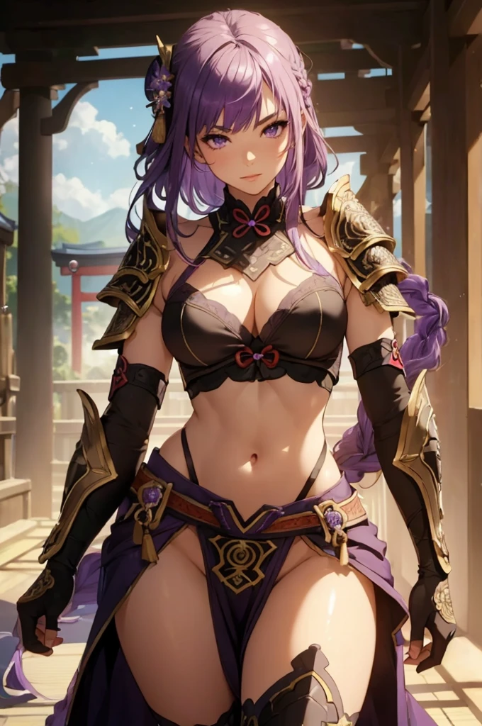 ((1girl, solo)), beautiful body, (perfect anatomy, perfect body, perfect hands, perfect legs), natural proportions, sexy body, large breasts, ((full body, full body front)) BREAK
((extremely detailed face)), (beautiful detailed eyes:1.6), (realistic pupils, realistic iris:1), expressive eyes, looking at viewer, (clear eyes:1.3), (hyperrealistic:1.2), (detailed skin texture:1.2), smooth skin, raiden shogun, (purple hair:1.5), (purple eyes), long hair, very long hair, braid, (braided ponytail:1.5), bangs, parted bangs, hair ornament, hair tie, ((mature female)), ((little smile)), (detailed lips:1.2), (attractive lips:1.1), (glossy lips:1.1), (parted lips), perfect face, perfect eyes BREAK
(revealing clothes:1.5), (japanese armor:1.5), (samurai armor), (groin:1.5), (((highleg))), bikini armor, pelvic curtain, partially visible vulva BREAK
(masterpiece:1.5), anime-style, top quality, best quality, (beautiful and aesthetic:1.2), (ultra detail:1.5), Ultra-detailed depiction, Ultra-precise depiction, extremely detailed 8k illustration, high resolution, (highly detailed shading:1.2), (realistic lighting:1.4), perfect lighting, vibrant colors, dynamic tones, striking hues, 8k, absurd resolution, perfect shadows, hdr, UHD, ambient lighting, realistic, ultra-realistic, photo realistic, highly detailed, rich detail, luminous colors, fine texture, intricate design, professional illustration, (soft light:1.2), (illustration:0.7)
