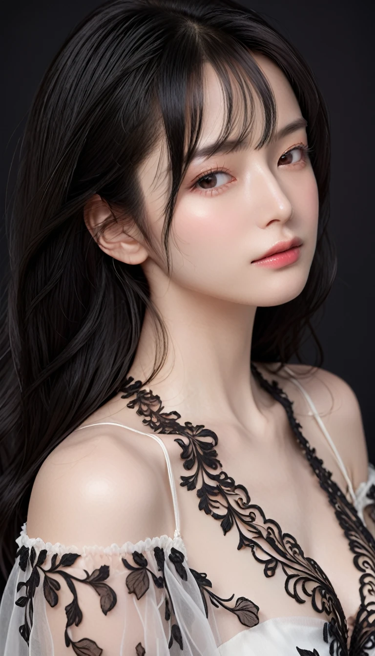 4K resolution,8K resolution,beautiful,Highest quality,Absolutely wonderful,Very detailed,Ultra-high resolution,masterpiece,Realistic,Realistic,Increased depth of field,Cinematic Light,
One elegant mature woman,
Long black hair,(精巧なディテールのbeautiful顔:1.5),Face with a gentle expression,Transparent white skin,(Very delicate skin texture:1.5),Great proportions,Glamorous Body,Anatomically correct body,
Elegant summer dresses,ornate designs,Gorgeous and detailed pattern,Beautifully detailed pattern,Detailed cloth texture,Gorgeous necklace,
(Black Background:1.6),
(Dramatic Angle:1.5),
