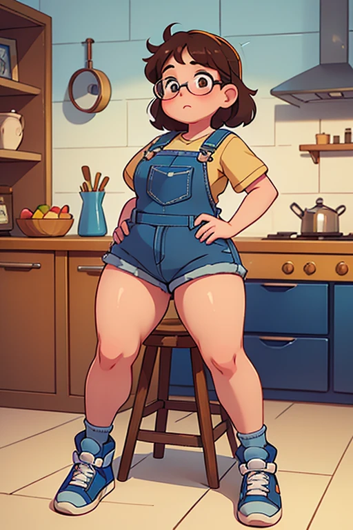 A chubby ager in his late teenth rosy cheeks; eyes browns; fatter, . She is wearing denim overalls, with a prominent bow at the waist; she is wearing blue sneakers. She is in a kitchen talking on the phone. Her panties are visible between her legs. Your knees are pressed together, your legs bent. She wears round glasses, and it's dark skin,