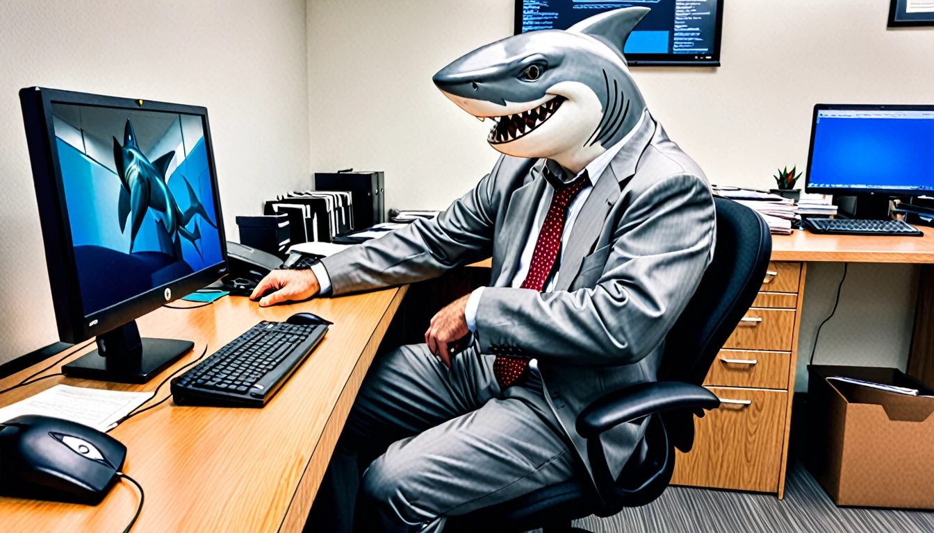 Original photo of the shark man using a computer in an office