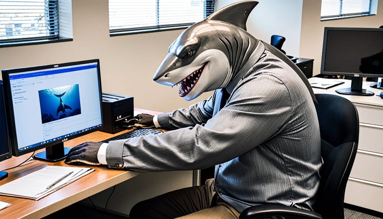 Original photo of the shark man using a computer in an office