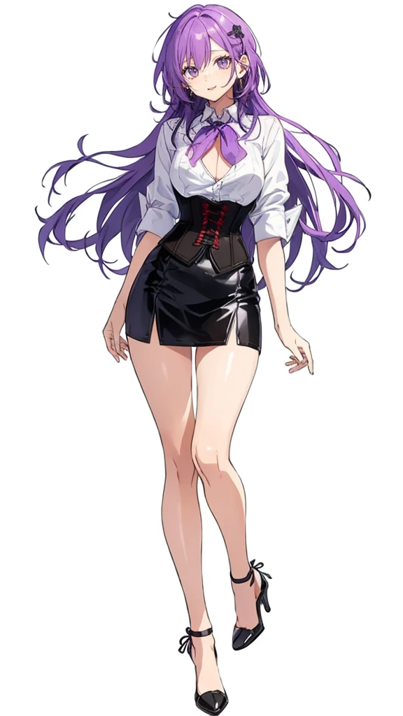 Purple hair,long hair,Adult female,((Rolling up your sleeves shirt)),Open chest,(Corset),(Tight skirt),(high heels),((Simple White background)),Smile,((Full body)),((whole body)),Character Sheet,