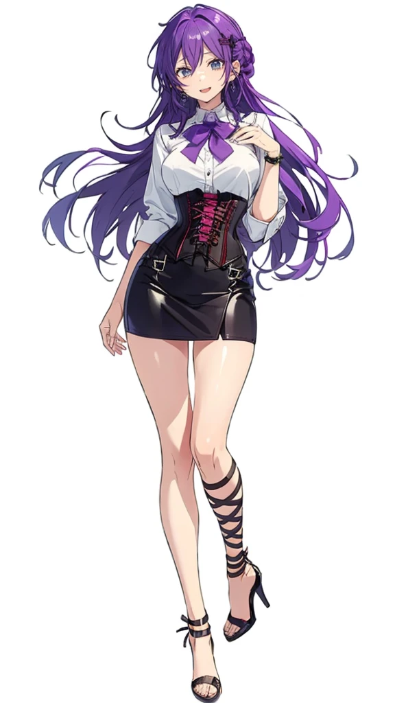 Purple hair,long hair,Adult female,((Rolling up your sleeves shirt)),Open chest,(Corset),(Tight skirt),(high heels),((Simple White background)),Smile,((Full body)),((whole body)),Character Sheet,