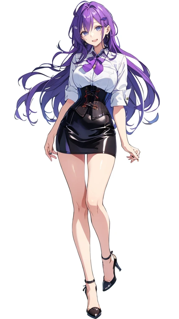 Purple hair,long hair,Adult female,((Rolling up your sleeves shirt)),Open chest,(Corset),(Tight skirt),(high heels),((Simple White background)),Smile,((Full body)),((whole body)),Character Sheet,