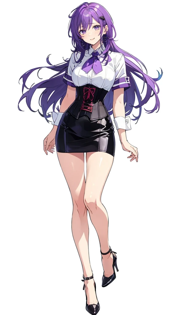 Purple hair,long hair,Adult female,((Rolling up your sleeves shirt)),Open chest,(Corset),(Tight skirt),(high heels),((Simple White background)),Smile,((Full body)),((whole body)),Character Sheet,