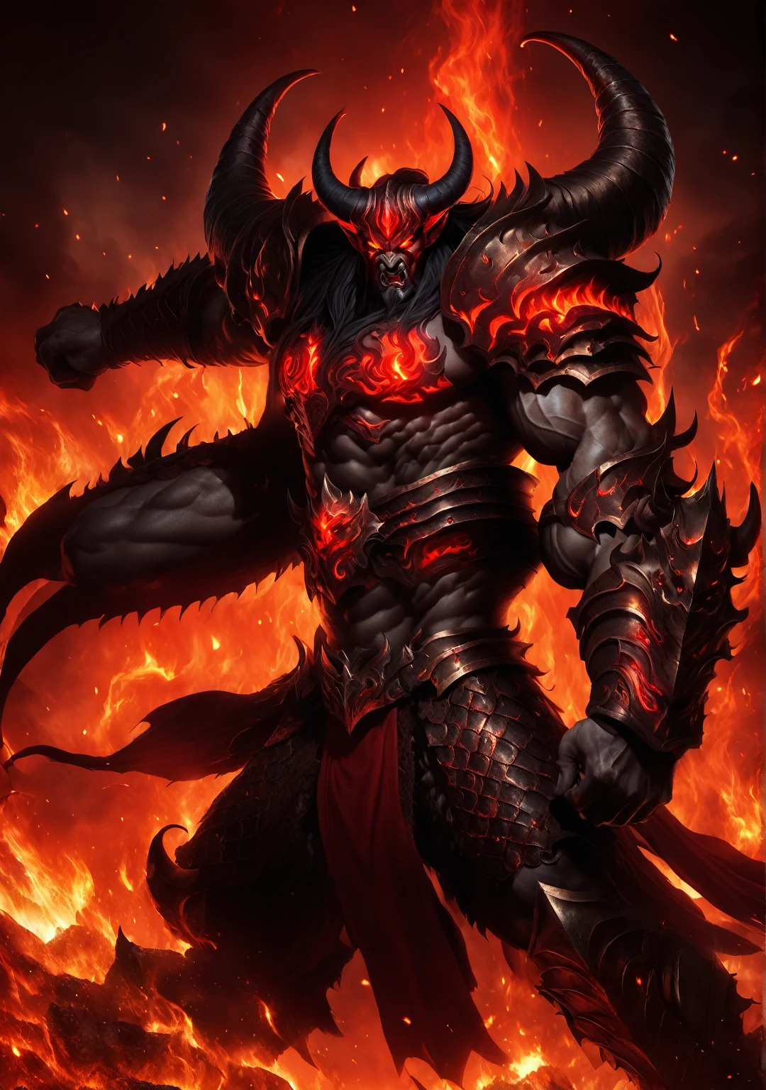 A powerful demon warrior standing in a dark, fiery setting, with glowing red eyes, large curved horns, and muscular armor. The demon has a menacing expression and is surrounded by flames. Detailed and epic fantasy style.