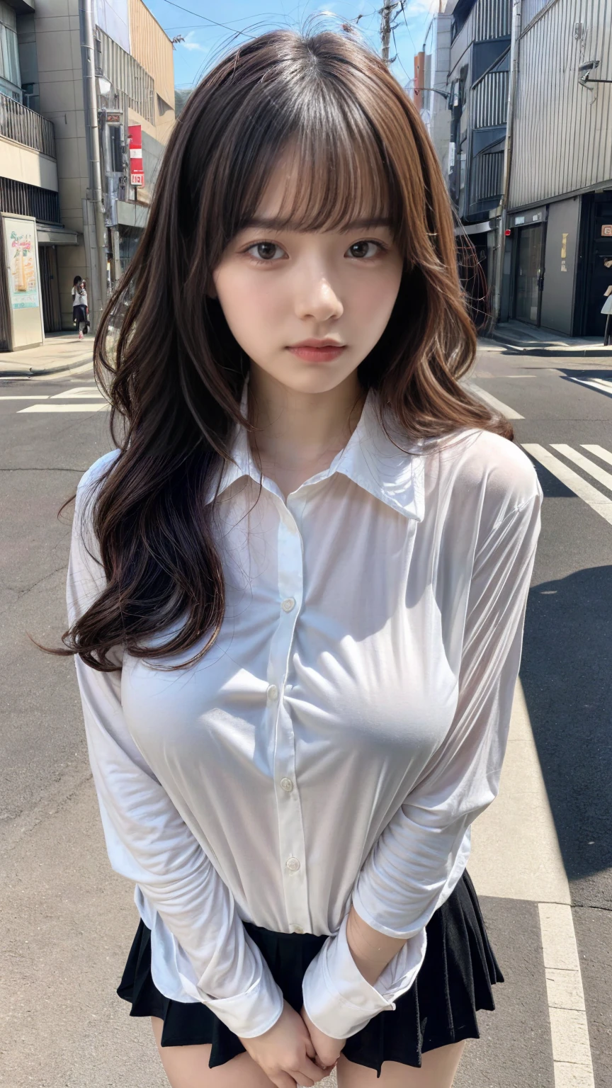 muste piece, best quality, illustration, Super detailed, fine details, High resolution, 8K,wall paper, perfect dynamic composition,(Details High quality, realistic depiction of eyes:1.3), (wavy hair:1.2), street snap, (Oversized_Shirt:1.2)、Oversized_Shirt, ((facing viewer)), at the street in tokyo, Layered Cut, black hair color, Big Natural Color Lip, sexy pose, crying a little、cold gaze, Harajuku style、20 year old girl、cute type、ta, hposing Gravure Idol, full body photo, huge breasts