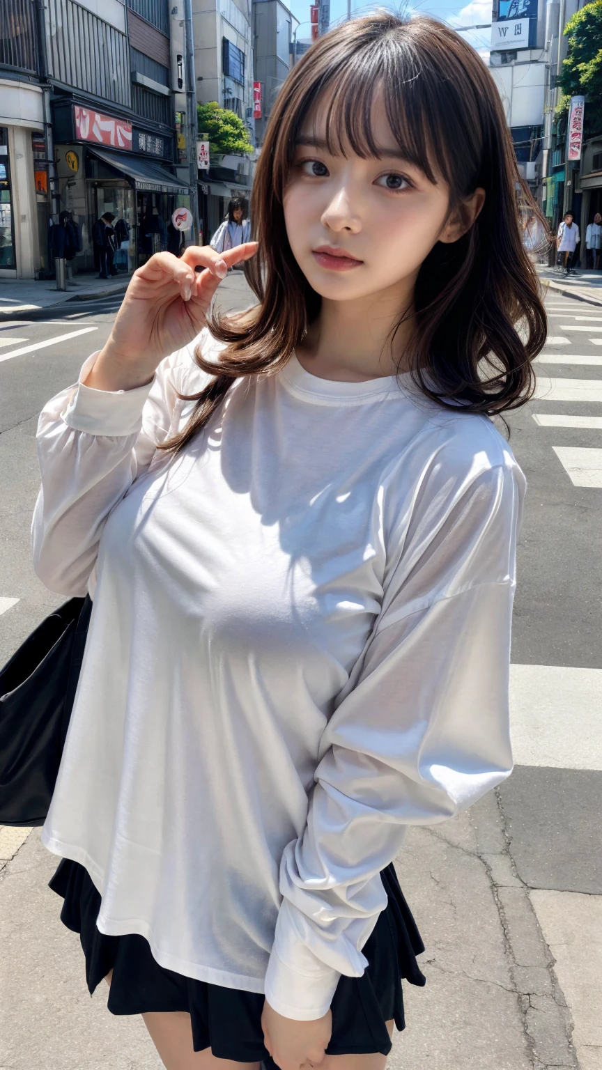 muste piece, best quality, illustration, Super detailed, fine details, High resolution, 8K,wall paper, perfect dynamic composition,(Details High quality, realistic depiction of eyes:1.3), (wavy hair:1.2), street snap, (Oversized_Shirt:1.2)、Oversized_Shirt, ((facing viewer)), at the street in tokyo, Layered Cut, black hair color, Big Natural Color Lip, sexy pose, crying a little、cold gaze, Harajuku style、20 year old girl、cute type、lolita, hposing Gravure Idol, full body photo, huge breasts