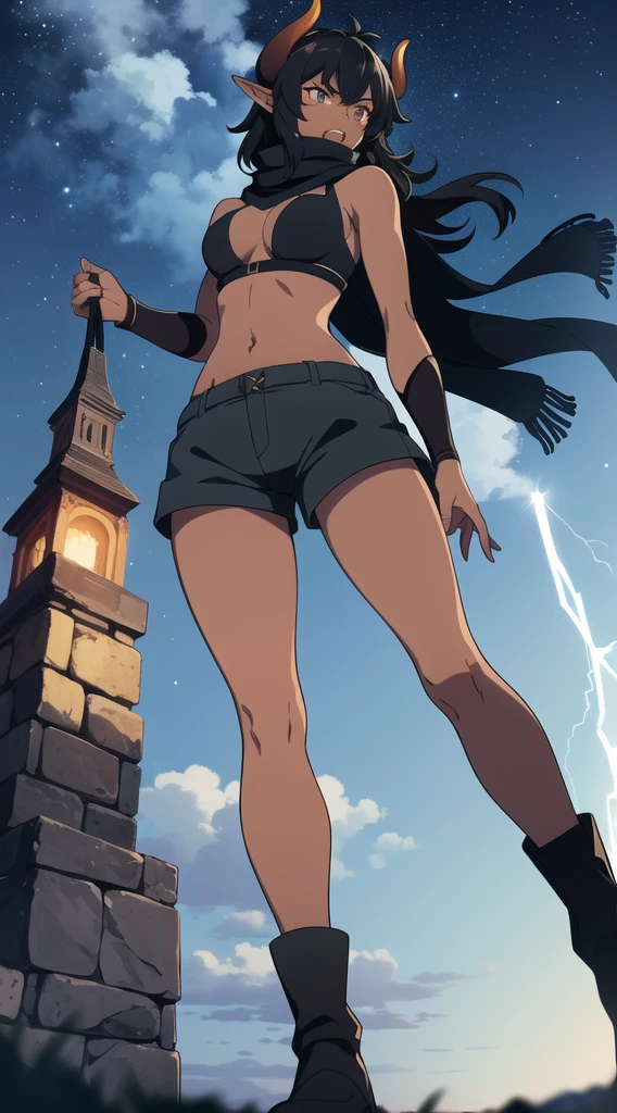 (1girl ,25s,adult,mature female),long hair, black hair,horns,elf ears,((black scarf)),cleavage,(((dark skin))),(black sports bra,black sports, shorts, midriff),angry,walking,from below, montains,lightnings,thunders,night,stars,thunder clouds,leather boots,