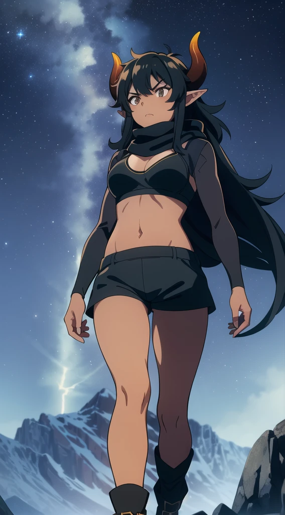 (1girl ,25s,adult,mature female),long hair, black hair,horns,elf ears,((black scarf)),cleavage,(((dark skin))),(black sports bra,black sports, shorts, midriff),angry,walking,from below, montains,lightnings,thunders,night,stars,thunder clouds,leather boots,