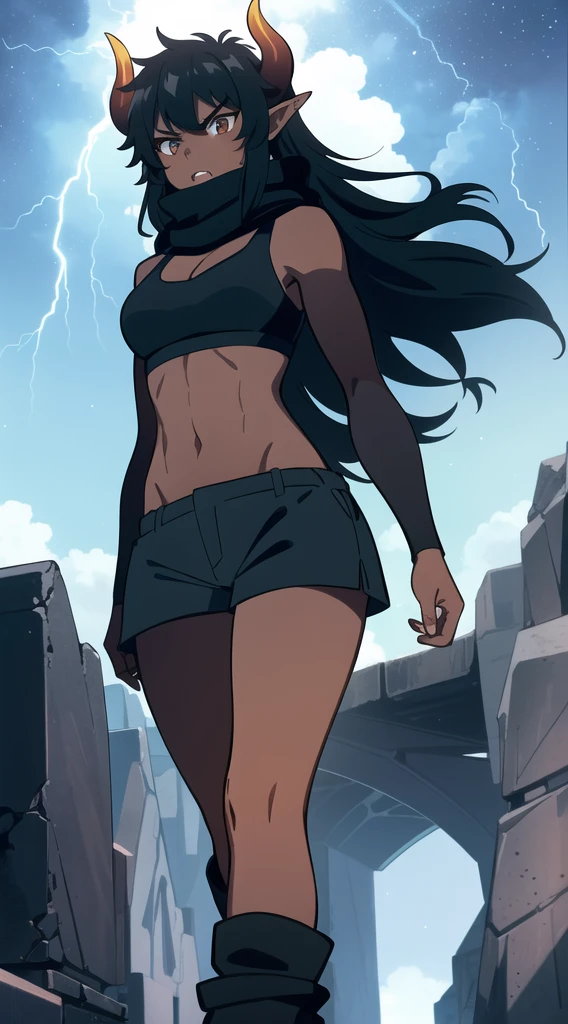 (1girl ,25s,adult,mature female),long hair, black hair,horns,elf ears,((black scarf)),cleavage,(((dark skin))),(black sports bra,black sports, shorts, midriff),angry,walking,from below, montains,lightnings,thunders,night,stars,thunder clouds,leather boots,