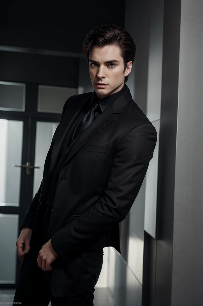 Magic mirror, realist, 8k, High Definition. a tall vampire, young and slim build has a piercing., Fascinating eyes that attract attention.. Its well defined, A strong jaw radiates strength and charisma., harmonizing with a balanced and symmetrical facial structure. Have a formal and authoritarian behavior., He wears a tailored two-piece suit with black pants,combined with a black coat that conveys a feeling of authority and power.. His intense black eyes, intensify the cold, calculating look on his face. Complementing this, he maintains a side part, short, well-kept hairstyle. Edward Cullen's mannerism and facial features, His face is covered by a balaclava and in the background there is an unlit car in the windows, blood splattered with black gums.