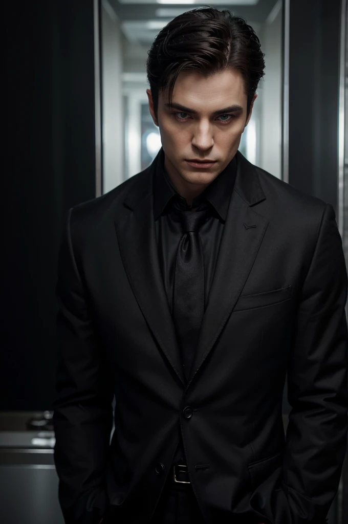 Magic mirror, realist, 8k, High Definition. a tall vampire, young and slim build has a piercing., Fascinating eyes that attract attention.. Its well defined, A strong jaw radiates strength and charisma., harmonizing with a balanced and symmetrical facial structure. Have a formal and authoritarian behavior., He wears a tailored two-piece suit with black pants,combined with a black coat that conveys a feeling of authority and power.. His intense black eyes, intensify the cold, calculating look on his face. Complementing this, he maintains a side part, short, well-kept hairstyle. Edward Cullen's mannerism and facial features, His face is covered by a balaclava and in the background there is an unlit car in the windows, blood splattered with black gums.