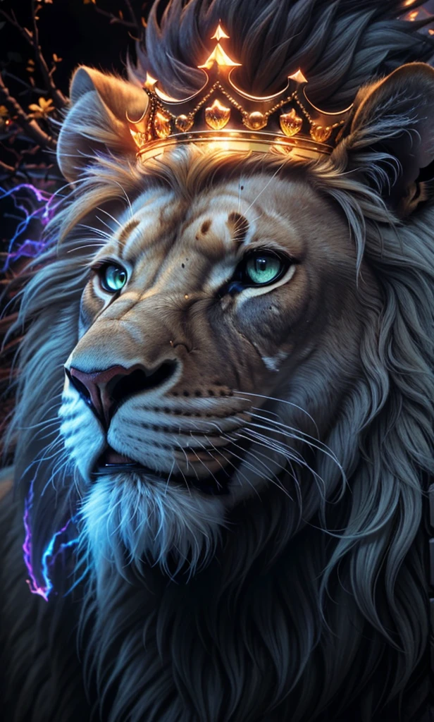Lion, Divine Lion, naturals, naturals, ferocious, masculine, mighty, golden lion, King crown, King, golden crown, Realistic crown, Powerful Lion, Beautiful nature, Great Realistic Lion, FullHD 8K, Sky ligh, Sunset Night, Ligh Sky Sun, Balck Golden, black andwhite, black and gold, detailed realistic face, 8K Detailed Realistic White Lion, Ultrarealistic 8k |, Energia de thunder realista detalhada, Strong Creature realista detalhada, Strong Creature, Lion macho, Rendering, Fotorrealista 8K, UltraHD Alta definição 8K, Detailed Realistic 16K, Nitidez Fotorrealista 8K, 16K photorealistic textures, Contraste Fotorrealista 8K, Sombras Fotorrealistas 8K, Luzes Fotorrealistas 8K, Detailed realistic sunset, Detailed Realistic Lion Face, Detailed realistic light, detailed textures, thunder, detailed shadows, detailed colors, Celestial Electricity, Golden thunder, Lion realista, Ultra Realistic 16K, Realistic 16K, Realistic 16K sharpness, 16K photorealistic textures, 16K realistic colors, powerful creature, Majestic power, Power of Heaven, Great Divine, detailed contrast, realistic contrast, high resolution, detailed colors, fire, villany, divine creature, 8K, realistic detailed, 16K, 8K, High definition, detailed contrast, realistic contrast, high resolution, detailed colors, fire, villany, divine creature, realistic detailed, posh, chic