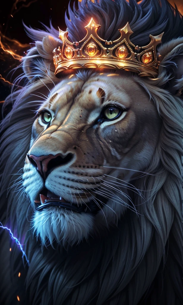 Lion, Divine Lion, naturals, naturals, ferocious, masculine, mighty, golden lion, King crown, King, golden crown, Realistic crown, Powerful Lion, Beautiful nature, Great Realistic Lion, FullHD 8K, Sky ligh, Sunset Night, Ligh Sky Sun, Balck Golden, black andwhite, black and gold, detailed realistic face, 8K Detailed Realistic White Lion, Ultrarealistic 8k |, Energia de thunder realista detalhada, Strong Creature realista detalhada, Strong Creature, Lion macho, Rendering, Fotorrealista 8K, UltraHD Alta definição 8K, Detailed Realistic 16K, Nitidez Fotorrealista 8K, 16K photorealistic textures, Contraste Fotorrealista 8K, Sombras Fotorrealistas 8K, Luzes Fotorrealistas 8K, Detailed realistic sunset, Detailed Realistic Lion Face, Detailed realistic light, detailed textures, thunder, detailed shadows, detailed colors, Celestial Electricity, Golden thunder, Lion realista, Ultra Realistic 16K, Realistic 16K, Realistic 16K sharpness, 16K photorealistic textures, 16K realistic colors, powerful creature, Majestic power, Power of Heaven, Great Divine, detailed contrast, realistic contrast, high resolution, detailed colors, fire, villany, divine creature, 8K, realistic detailed, 16K, 8K, High definition, detailed contrast, realistic contrast, high resolution, detailed colors, fire, villany, divine creature, realistic detailed, posh, chic
