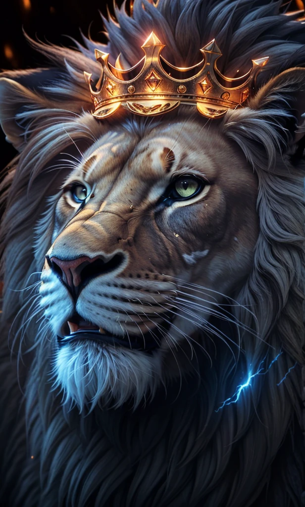 Lion, Divine Lion, naturals, naturals, ferocious, masculine, mighty, golden lion, King crown, King, golden crown, Realistic crown, Powerful Lion, Beautiful nature, Great Realistic Lion, FullHD 8K, Sky ligh, Sunset Night, Ligh Sky Sun, Balck Golden, black andwhite, black and gold, detailed realistic face, 8K Detailed Realistic White Lion, Ultrarealistic 8k |, Energia de thunder realista detalhada, Strong Creature realista detalhada, Strong Creature, Lion macho, Rendering, Fotorrealista 8K, UltraHD Alta definição 8K, Detailed Realistic 16K, Nitidez Fotorrealista 8K, 16K photorealistic textures, Contraste Fotorrealista 8K, Sombras Fotorrealistas 8K, Luzes Fotorrealistas 8K, Detailed realistic sunset, Detailed Realistic Lion Face, Detailed realistic light, detailed textures, thunder, detailed shadows, detailed colors, Celestial Electricity, Golden thunder, Lion realista, Ultra Realistic 16K, Realistic 16K, Realistic 16K sharpness, 16K photorealistic textures, 16K realistic colors, powerful creature, Majestic power, Power of Heaven, Great Divine, detailed contrast, realistic contrast, high resolution, detailed colors, fire, villany, divine creature, 8K, realistic detailed, 16K, 8K, High definition, detailed contrast, realistic contrast, high resolution, detailed colors, fire, villany, divine creature, realistic detailed, posh, chic
