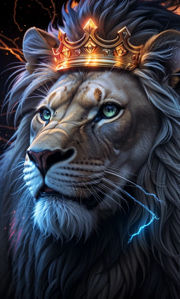 Lion, Divine Lion, naturals, naturals, ferocious, masculine, mighty, golden lion, King crown, King, golden crown, Realistic crown, Powerful Lion, Beautiful nature, Great Realistic Lion, FullHD 8K, Sky ligh, Sunset Night, Ligh Sky Sun, Balck Golden, black andwhite, black and gold, detailed realistic face, 8K Detailed Realistic White Lion, Ultrarealistic 8k |, Energia de thunder realista detalhada, Strong Creature realista detalhada, Strong Creature, Lion macho, Rendering, Fotorrealista 8K, UltraHD Alta definição 8K, Detailed Realistic 16K, Nitidez Fotorrealista 8K, 16K photorealistic textures, Contraste Fotorrealista 8K, Sombras Fotorrealistas 8K, Luzes Fotorrealistas 8K, Detailed realistic sunset, Detailed Realistic Lion Face, Detailed realistic light, detailed textures, thunder, detailed shadows, detailed colors, Celestial Electricity, Golden thunder, Lion realista, Ultra Realistic 16K, Realistic 16K, Realistic 16K sharpness, 16K photorealistic textures, 16K realistic colors, powerful creature, Majestic power, Power of Heaven, Great Divine, detailed contrast, realistic contrast, high resolution, detailed colors, fire, villany, divine creature, 8K, realistic detailed, 16K, 8K, High definition, detailed contrast, realistic contrast, high resolution, detailed colors, fire, villany, divine creature, realistic detailed, posh, chic